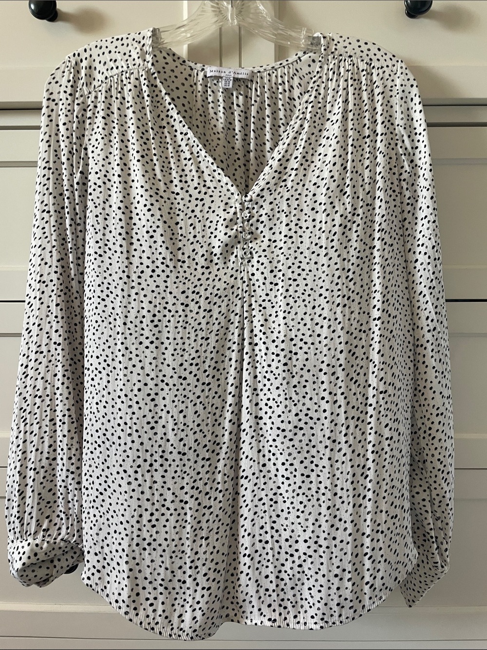 Maison d’Amélie Women’s Black & White Polka Dot Business Casual Blouse - Medium